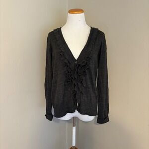 Eddie Bauer Gray Cotton Cardigan Sweater Ruffle Front Long Sleeve Large